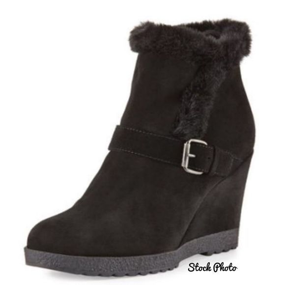 Aquatalia Carlotta‎ Black Leather Suede Fur Lined Wedge Heeled Booties Size 39 - Picture 1 of 11